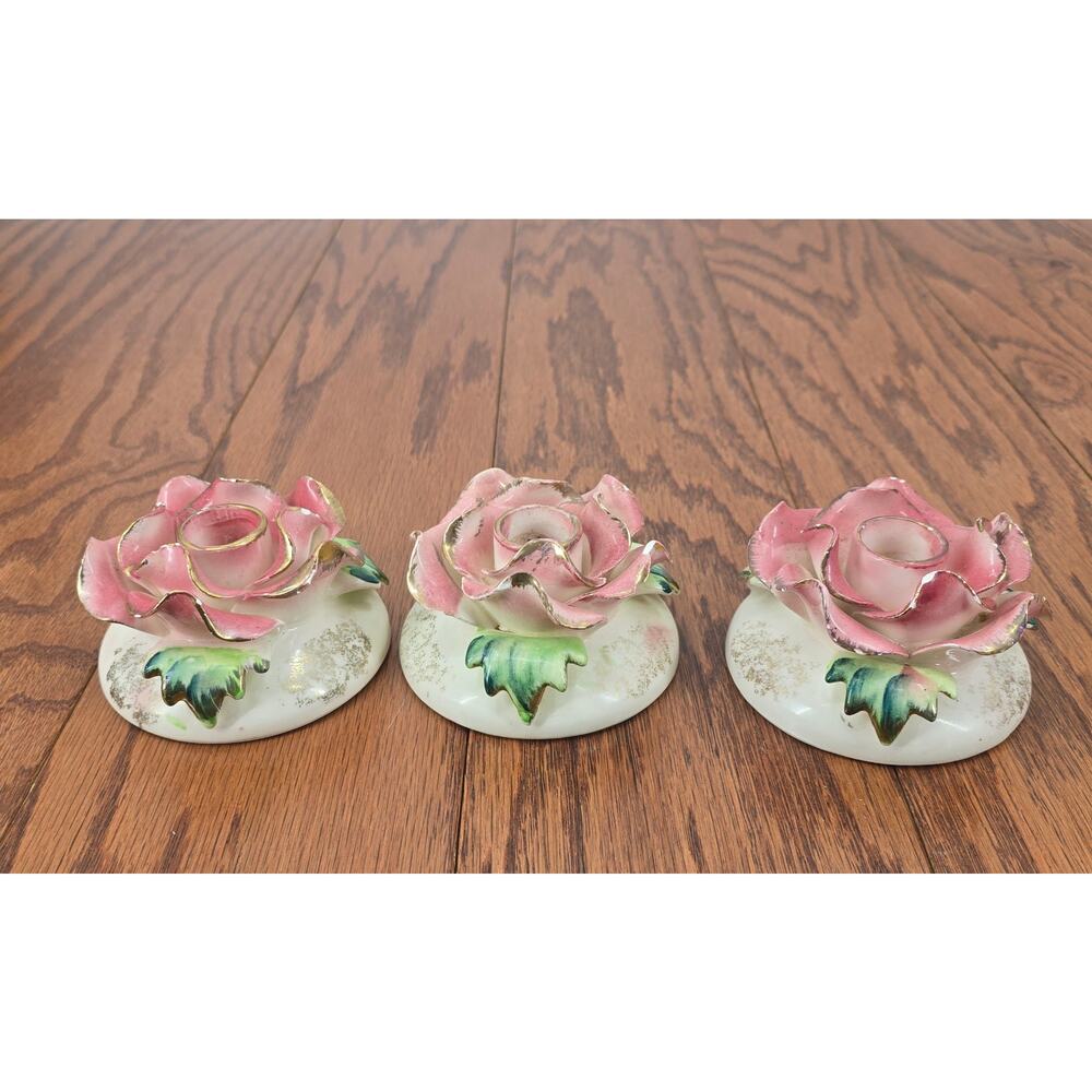 Vintage Commodore Japan Pink Rose Candle Holders Set‎ of 3 Porcelain MCM